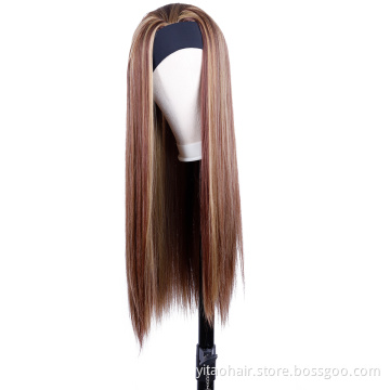 Blend Wigs Long Straight Mix Brown and Blonde Hair Synthetic Hair Wigs for Women Headband Wig